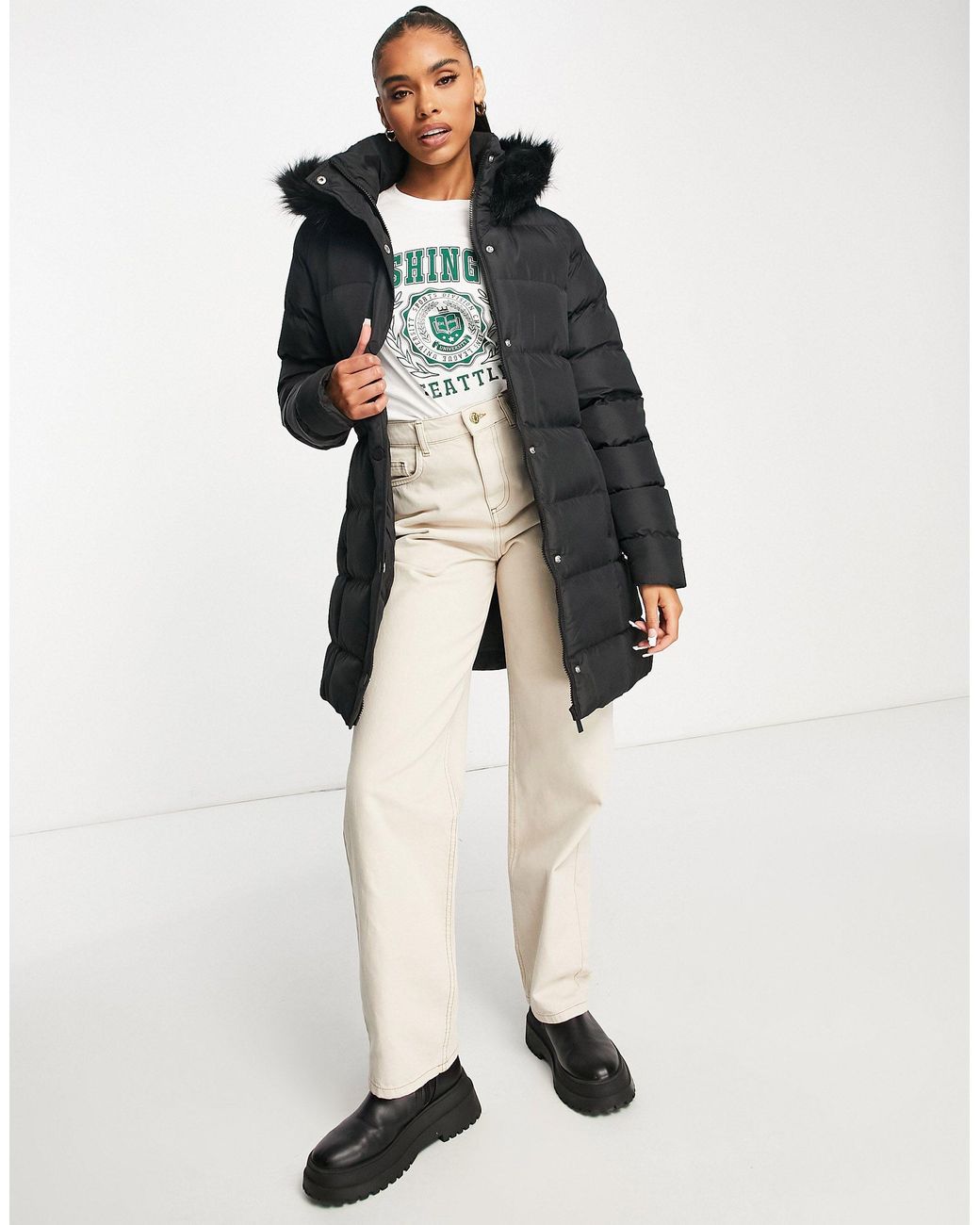 Threadbare Emerald Belted Puffer Jacket With Faux Fur Trim Hood in ...