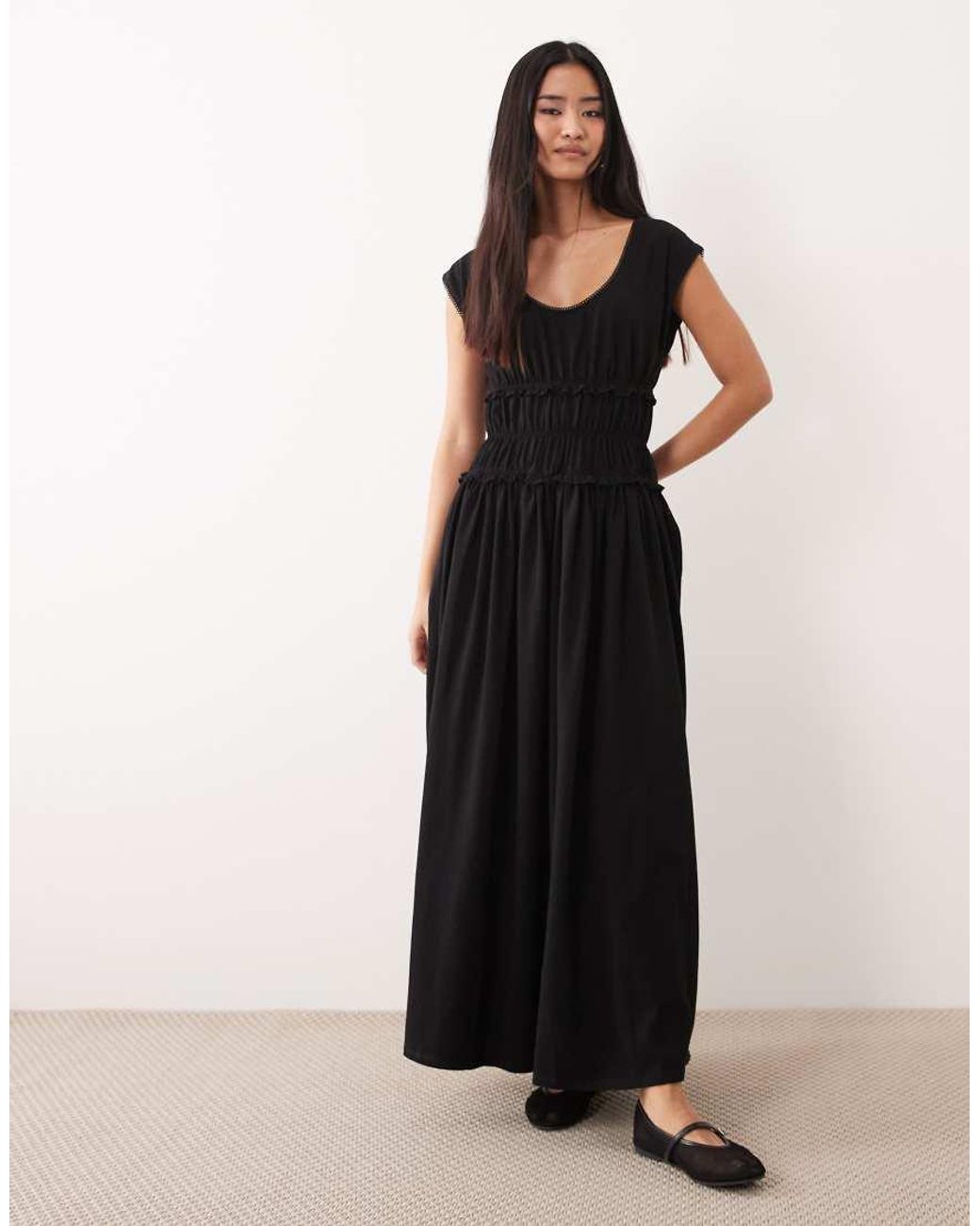 ASOS Black Short Sleeve With Gathered Cinched Waist Maxi Dress