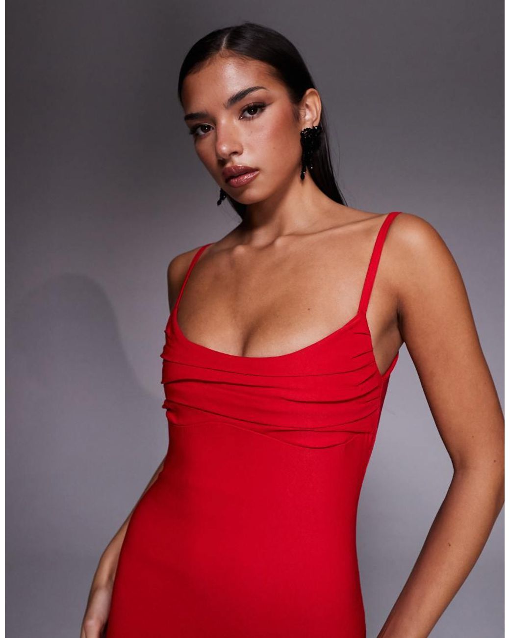 Vesper Red Bengaline Cami Strappy Ruched Bust Midaxi Dress