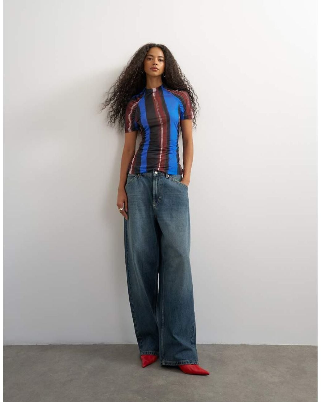 TOPSHOP Blue Mesh Stripe Ruched Sleeve Top