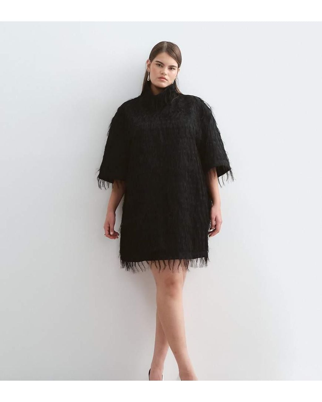ARRANGE Black Curve Fringe High Neck T-shirt Sleeve Mini Dress