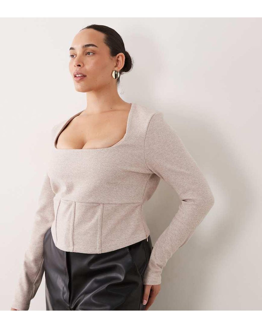 ASOS Natural Asos Design Curve Brushed Square Neck Long Sleeve Corset Top