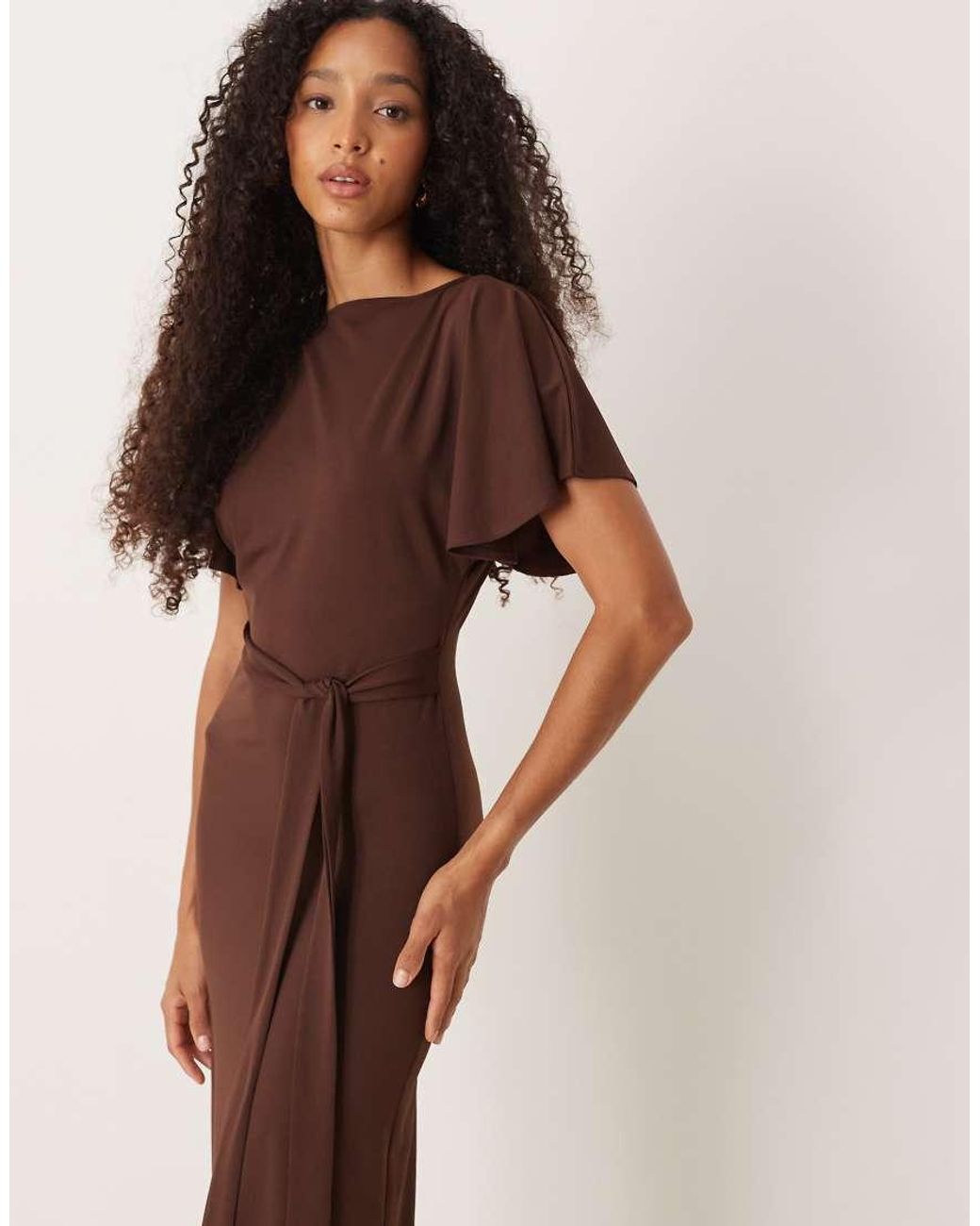 ASOS Brown Angel Sleeve Tie Back Maxi Dress