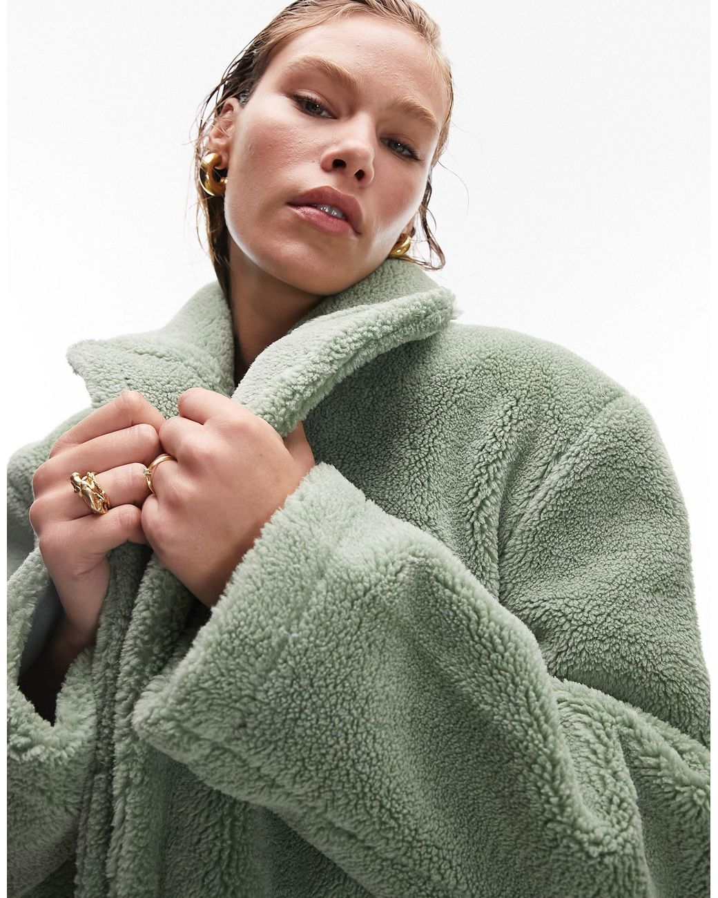 TOPSHOP Long line Borg Coat in Green Lyst