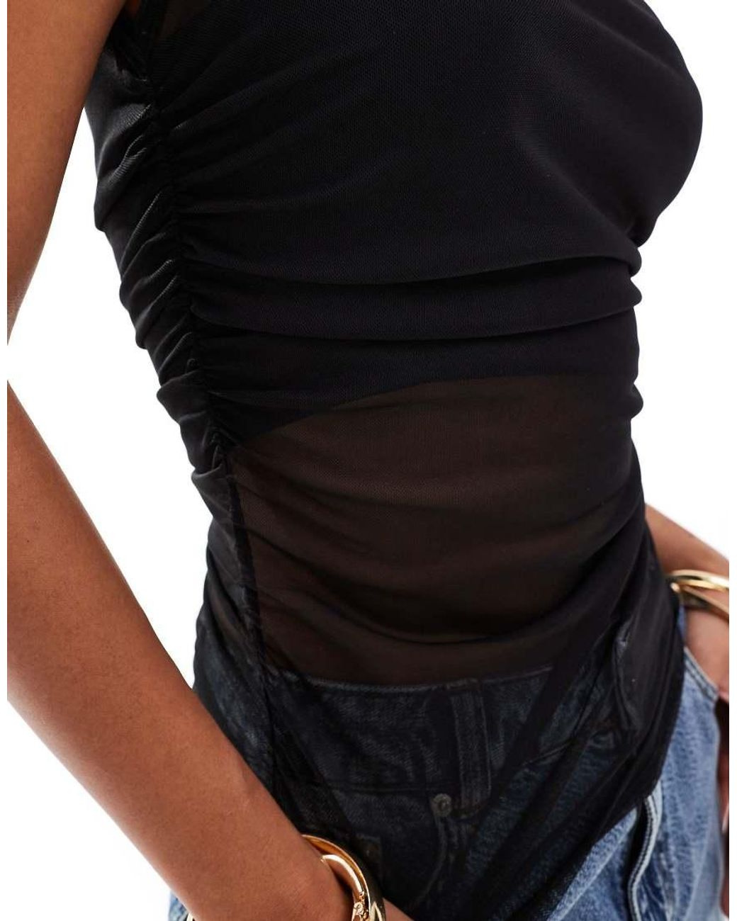 ASOS Blue Gathered Short Sleeve Off Shoulder Mesh Top