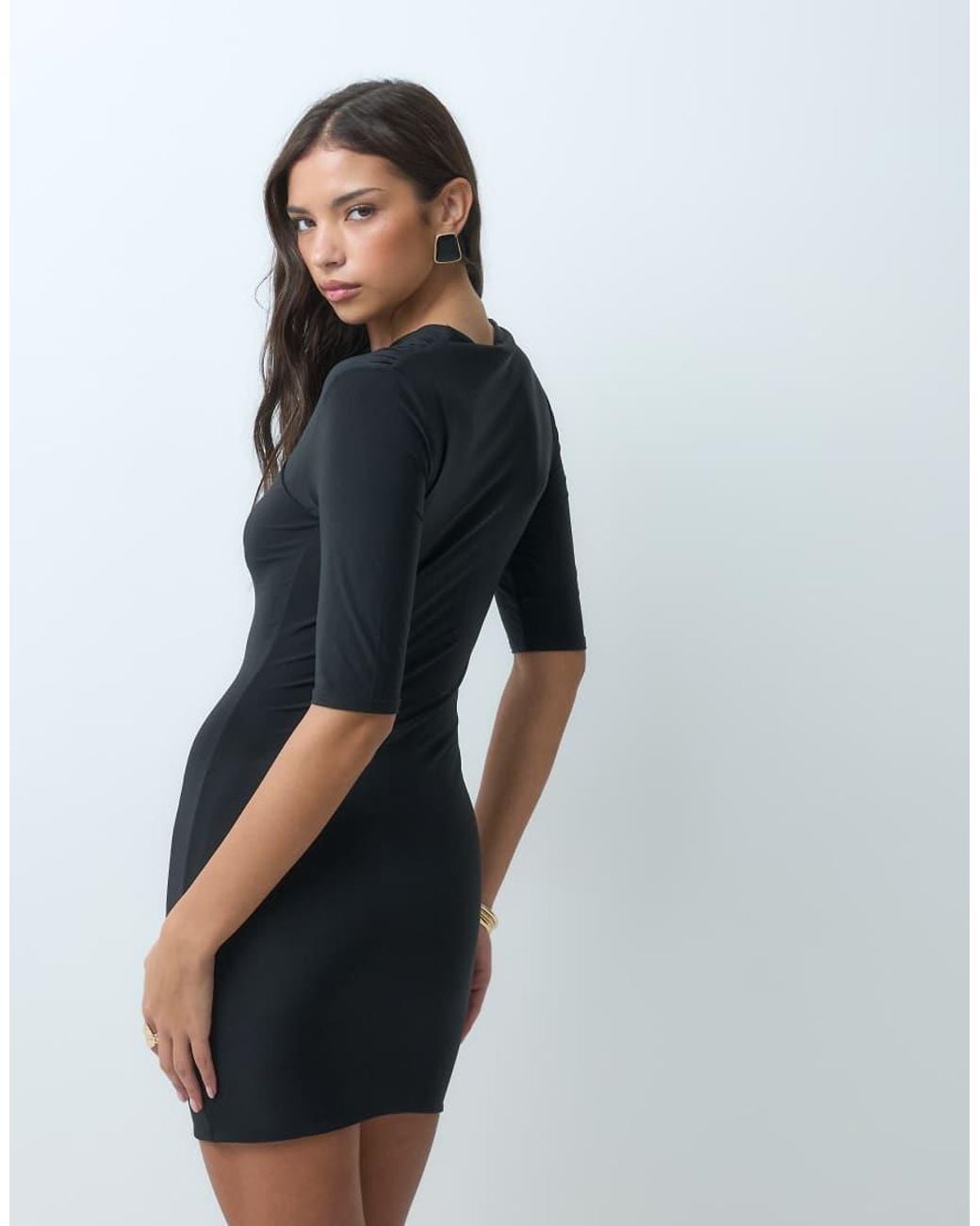 Kaiia Blue Exclusive Double Sculpted Slinky Wrap Front Detail 3/Sleeve Mini Dress