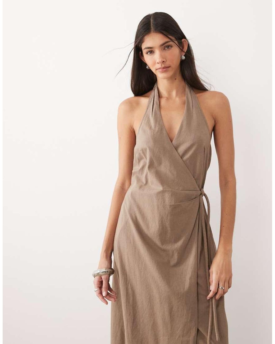 ASOS Natural Cotton-linen Halter Neck Wrap Maxi Sundress