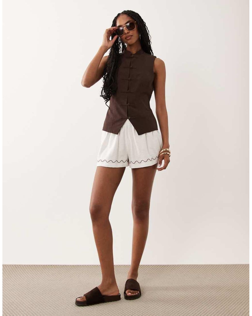 ASOS Brown Linen Blend Mandarin Collar Tank Top