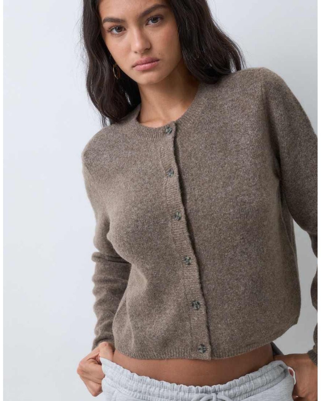 Jdy Gray Crew Neck Cardigan With Wool
