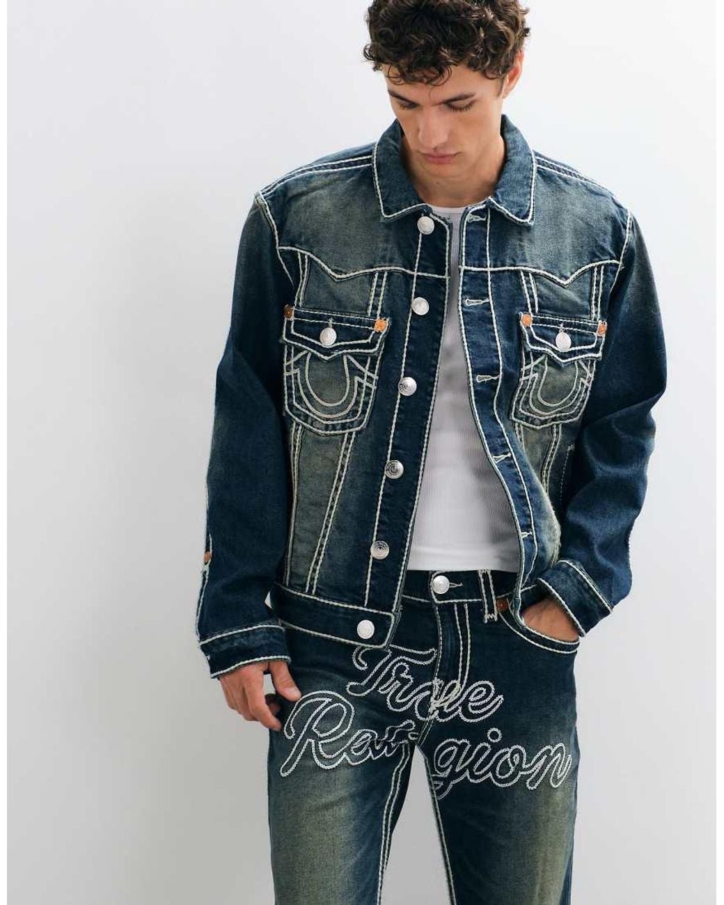 True Religion Blue Oversized Fit Rope Stitch Back Print Jimmy Trucker Jacket for men