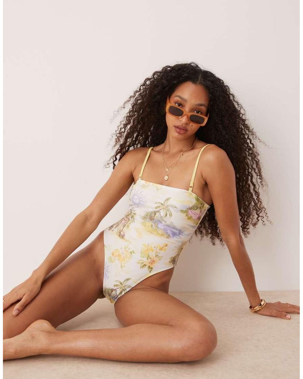 ASOS Brown Sunny Tropical Print Removable Strap Swimsuit