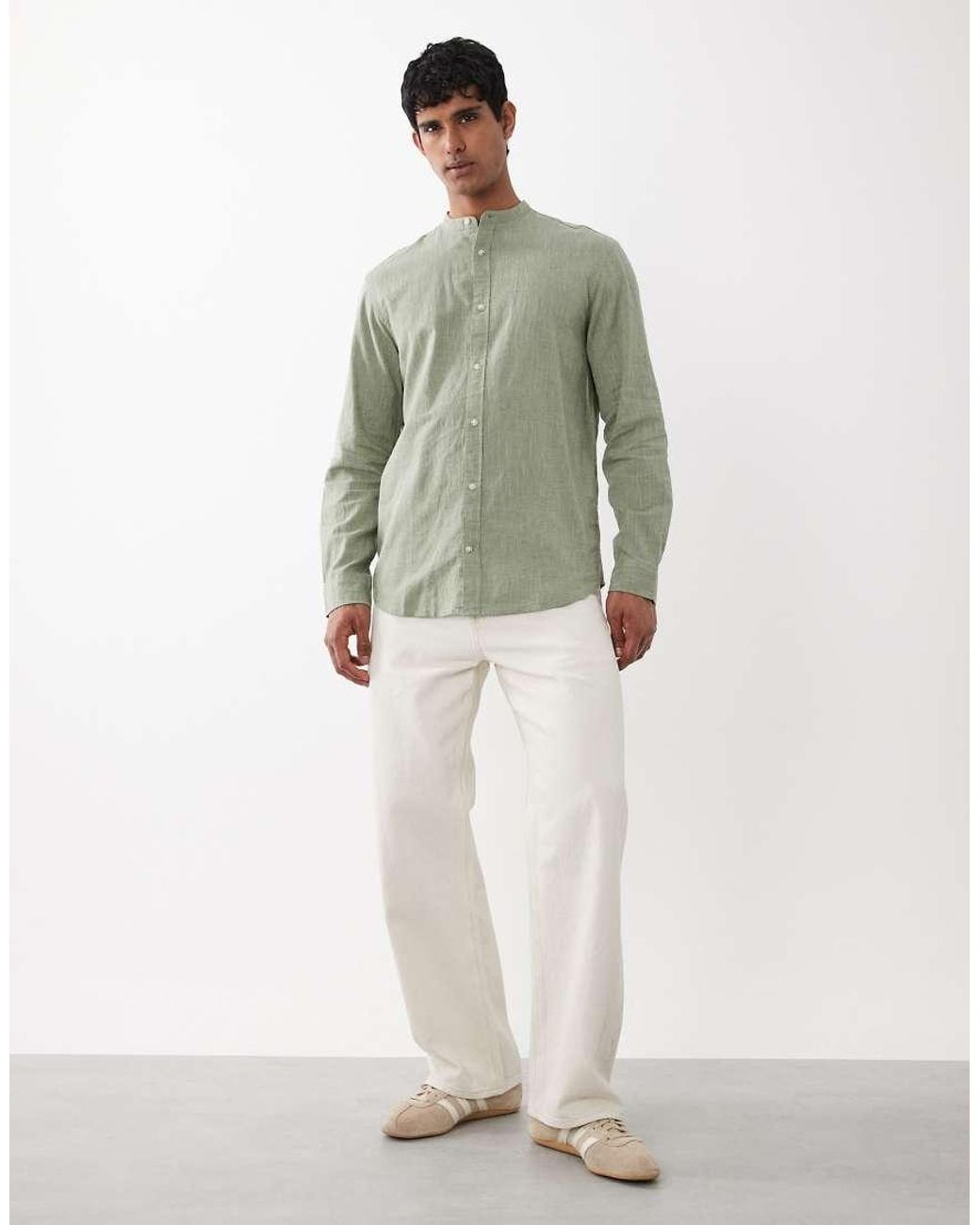 Jack & Jones Green Linen Mix Granded Collar Shirt for men
