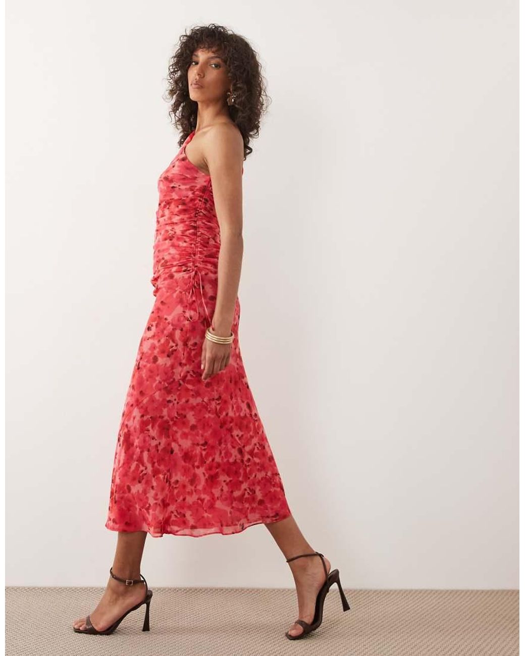 Mango Red One Shoulder Maxi Dress With Ruching Detail