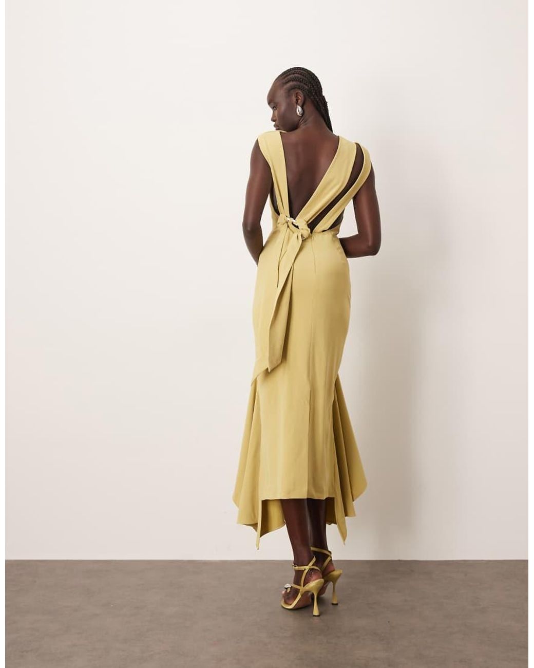 ARRANGE Natural Drape Neck Square Hem Open Back Midi Dress With Trim Detail