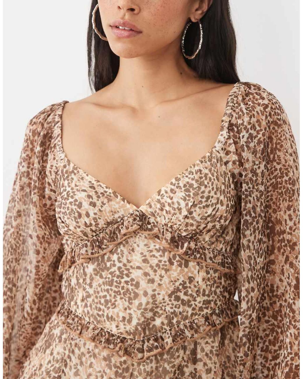 Miss Selfridge Brown Long Sleeve Chiffon Playsuit