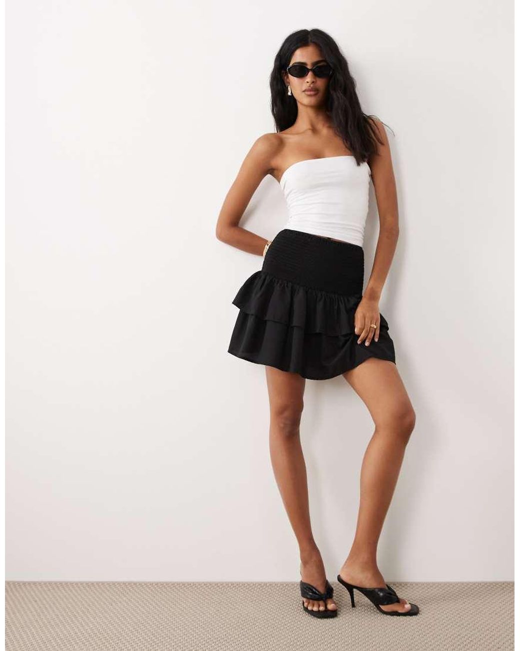 Vila Black Shirred Waist Tiered Mini Skirt