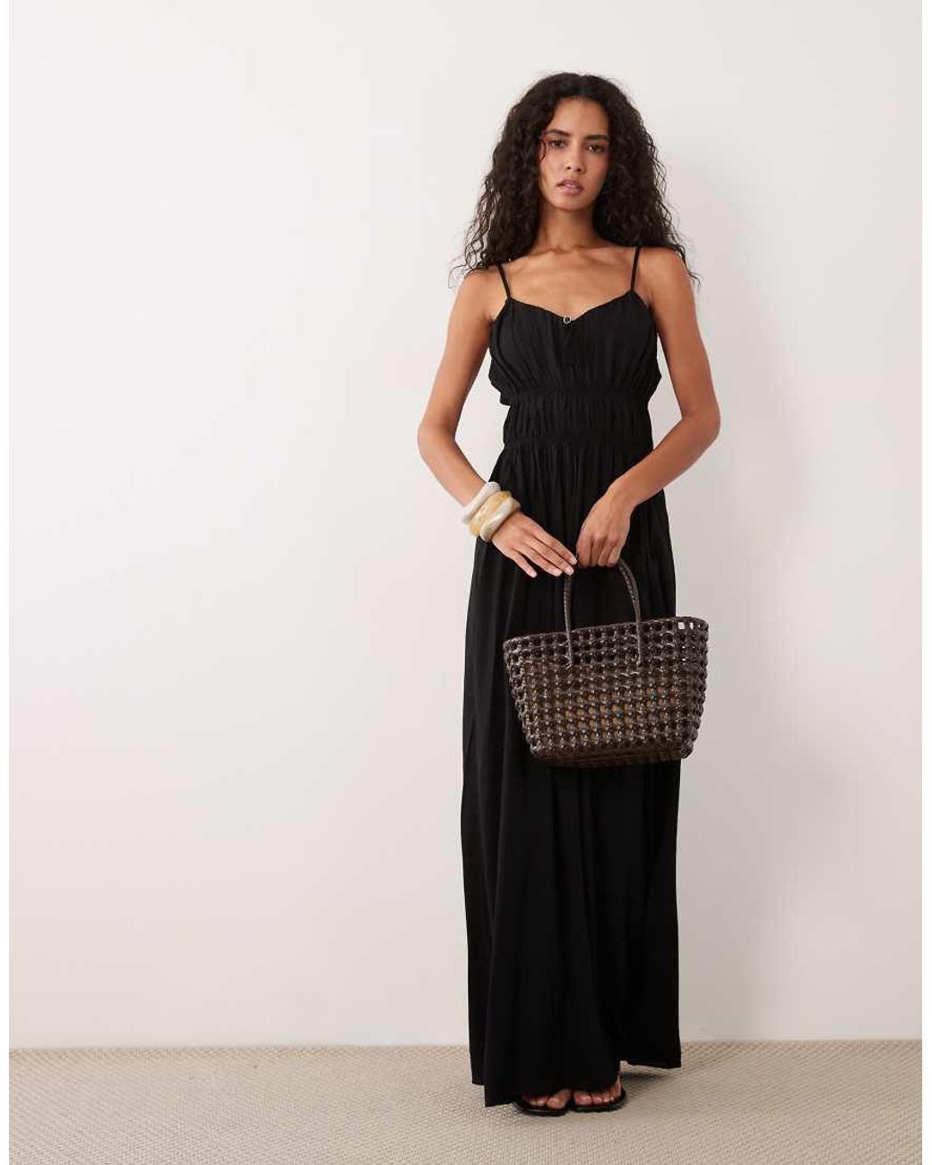 Vila Black Ruched Woven Cami Maxi Dress