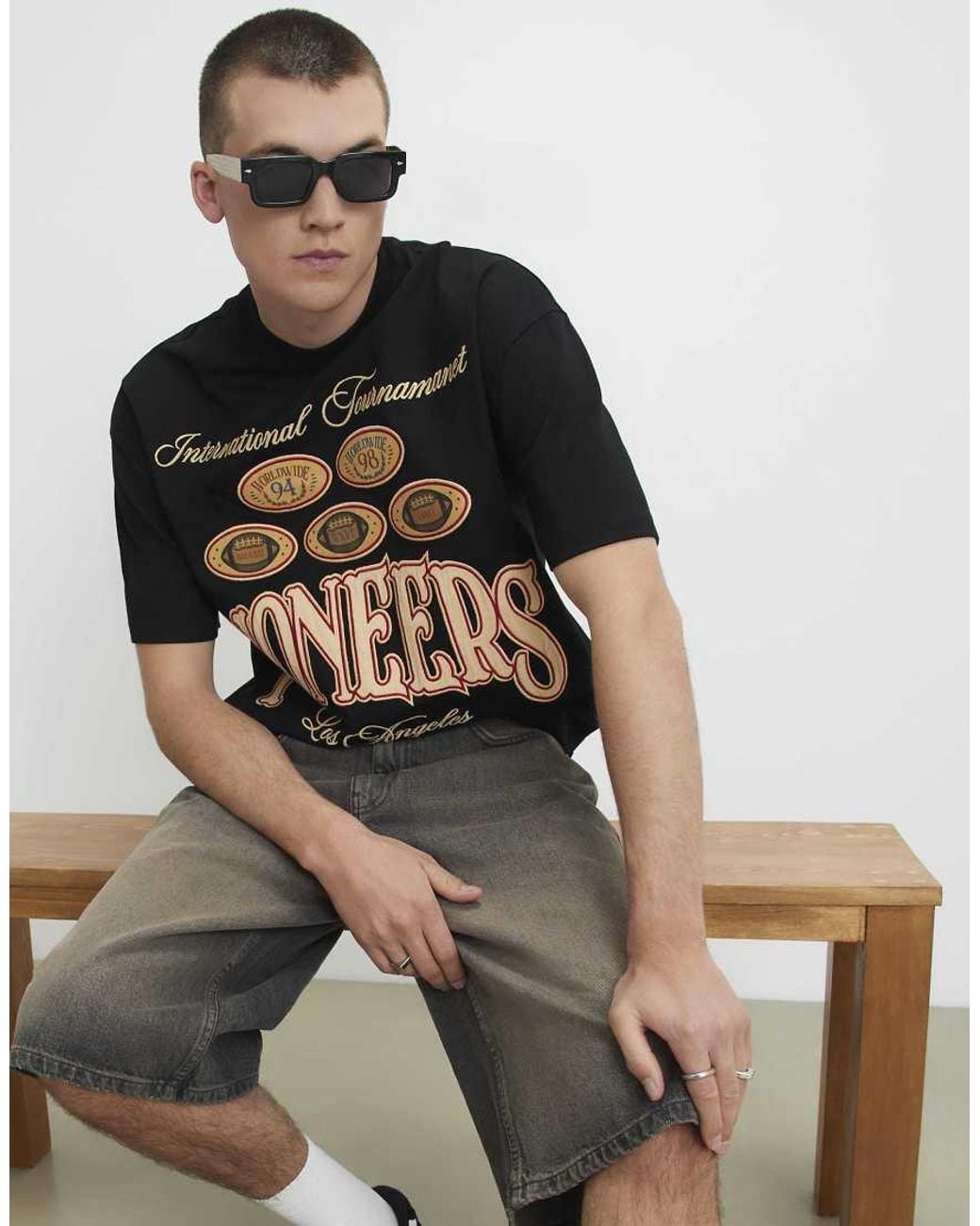 River Island Black Cotton Pioneers Badge T-Shirt for men