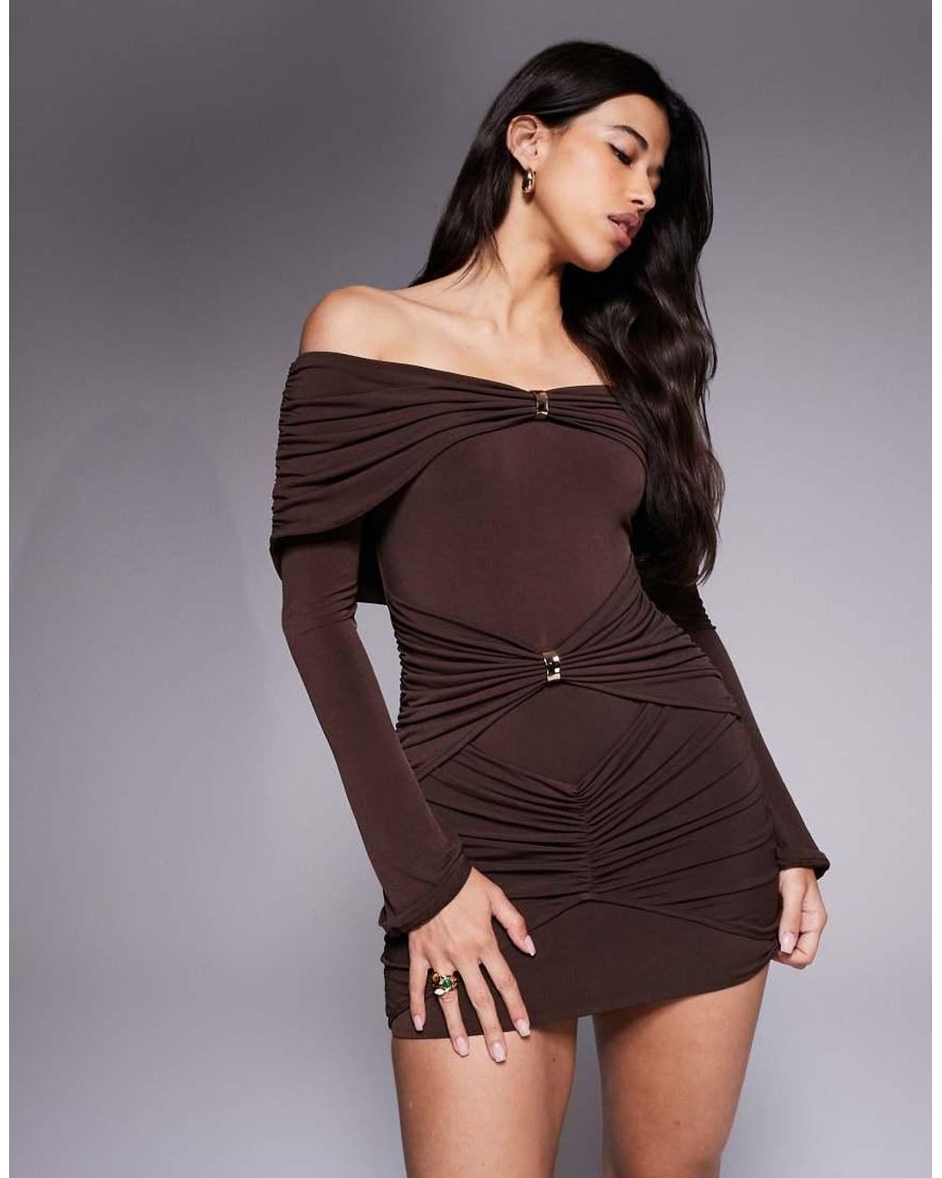 Ruched & Ready Gray Sculpted Off Shoulder Hardware Ruched Bodycon Mini Dress