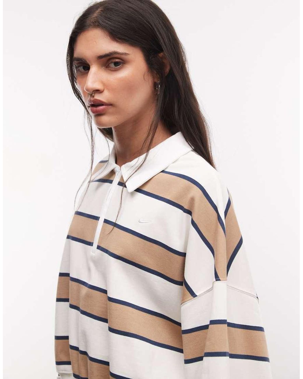 Nike Natural Long Sleeve Striped Polo Top