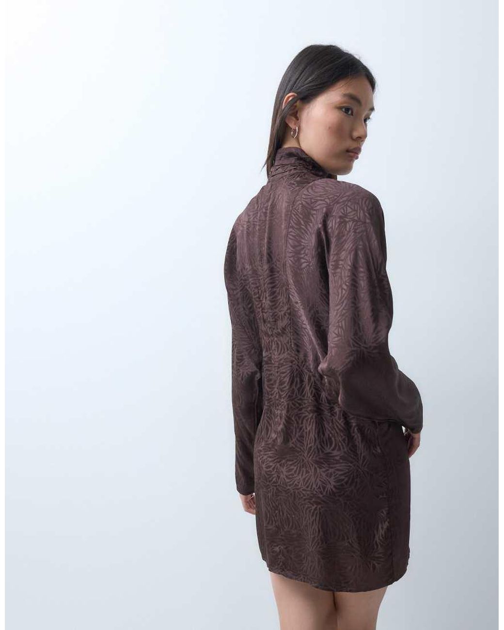 ASOS Brown High Neck Batwing Satin Jacquard Mini Dress