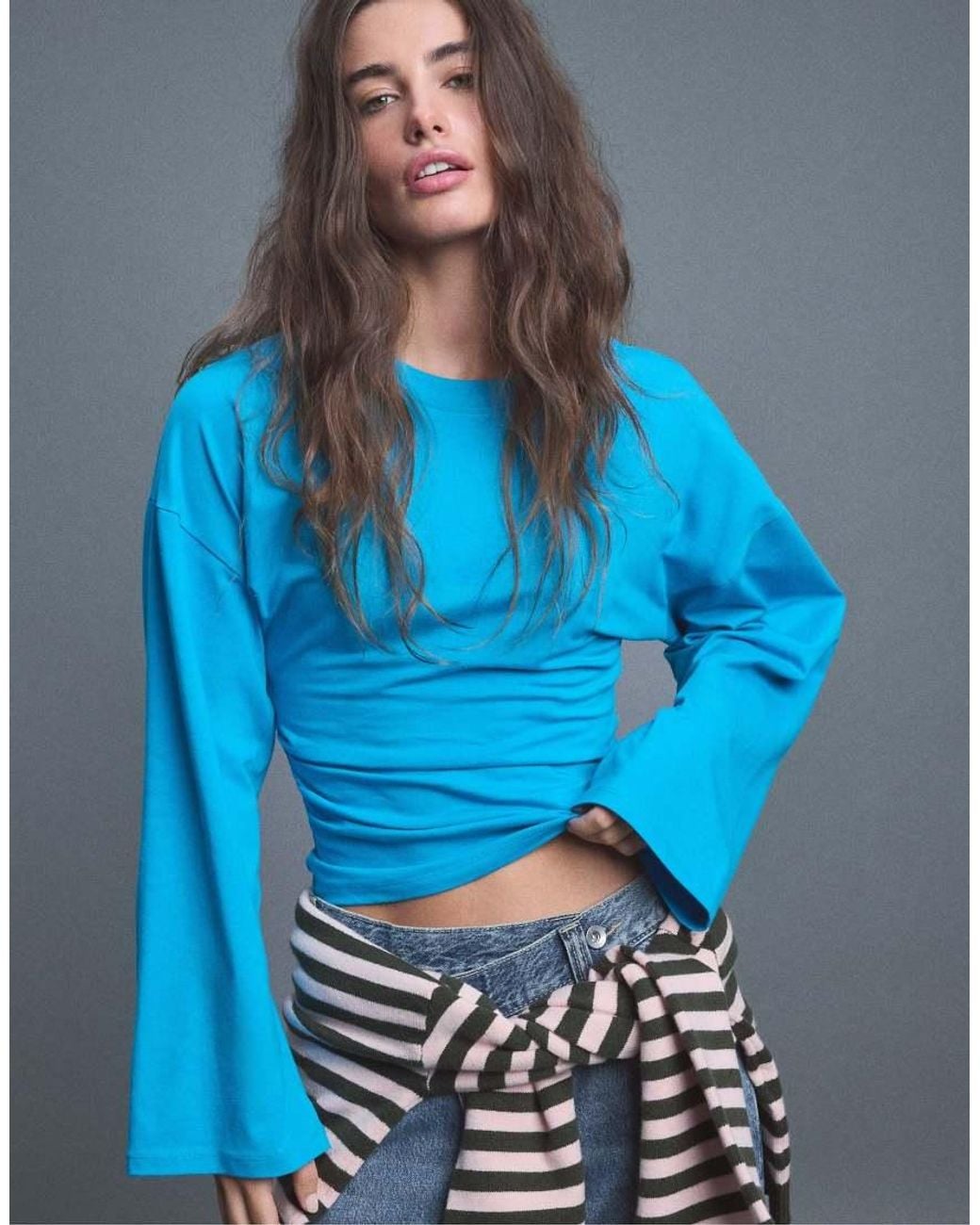 Stradivarius Blue Long Sleeve Fitted Waist T-shirt