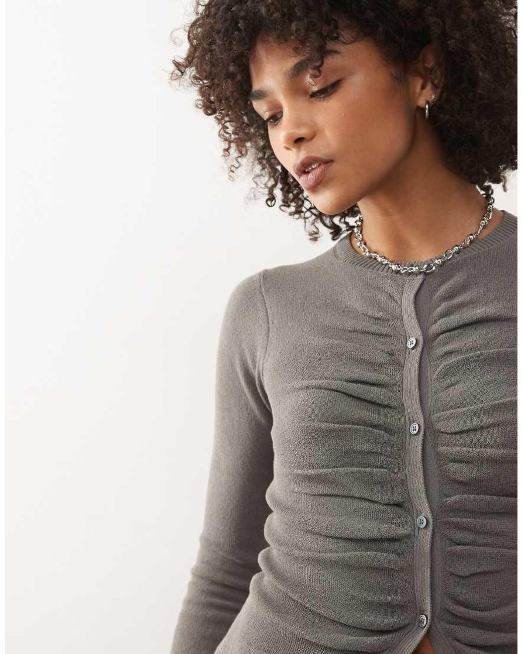 Weekday Gray Slim Fit Knitted Cardigan With Ruched Detail