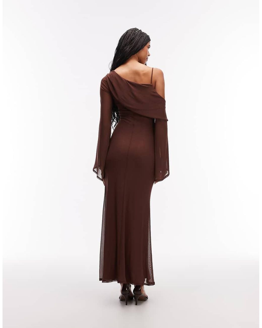 ASOS Brown Mesh Folded Neckline Maxi Dress With Fallen Shoulder