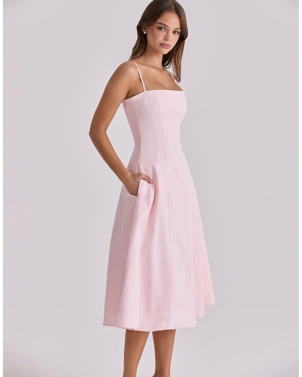 House Of Cb Pink Dolly Sateen Cotton Flared Midi Sundress