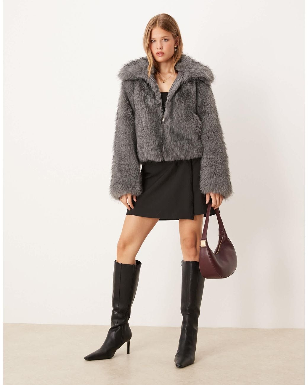 Threadbare Gray Short Fur Jacket With Collar