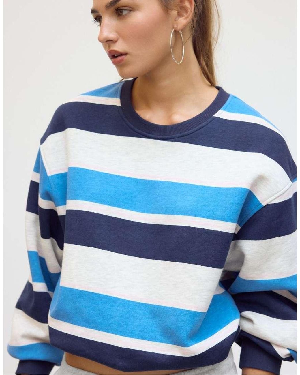 Stradivarius Blue Striped Puff-Hem Sweatshirt