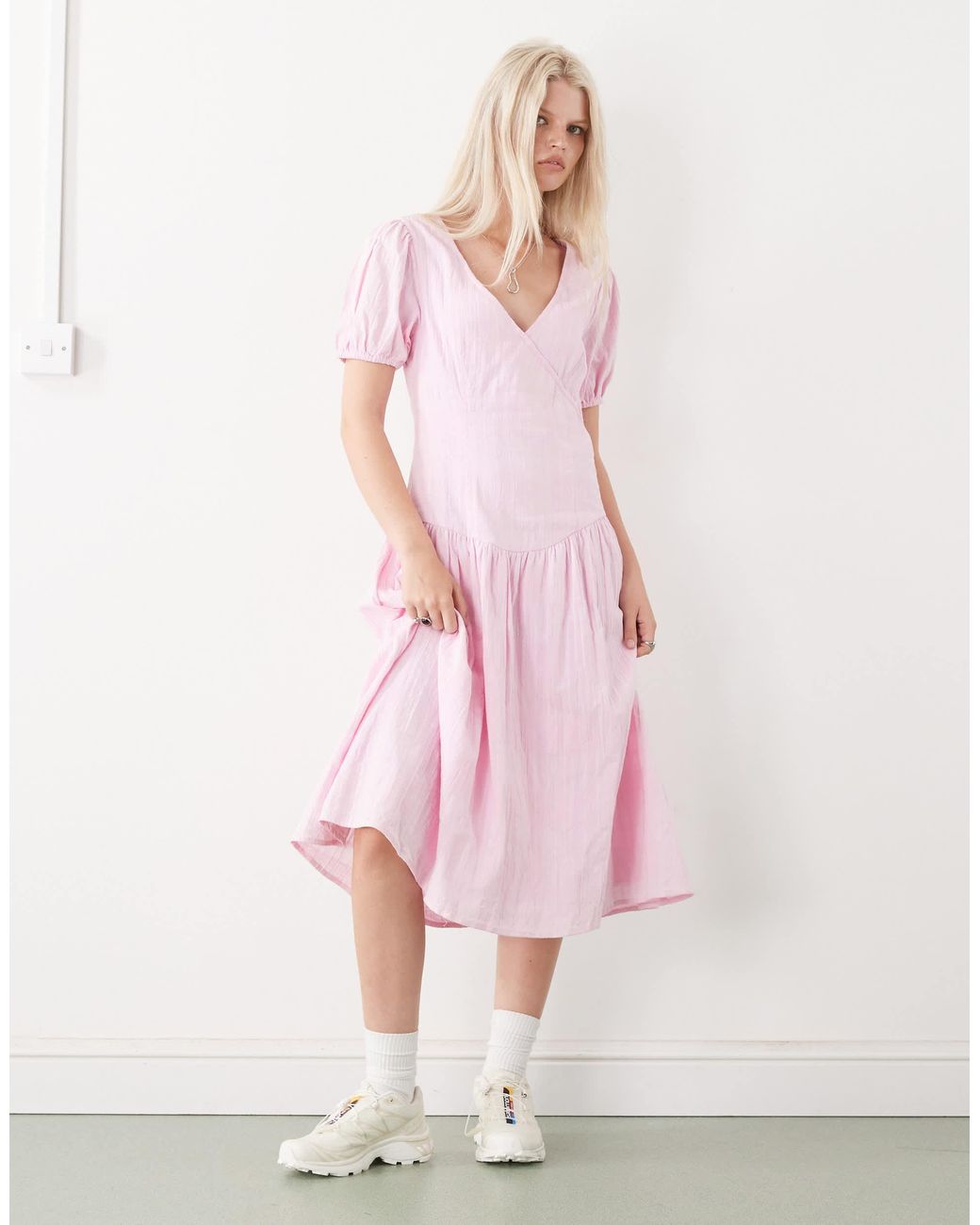 Collusion Drop Waist Puff Sleeve Maxi Dress in Pink | Lyst