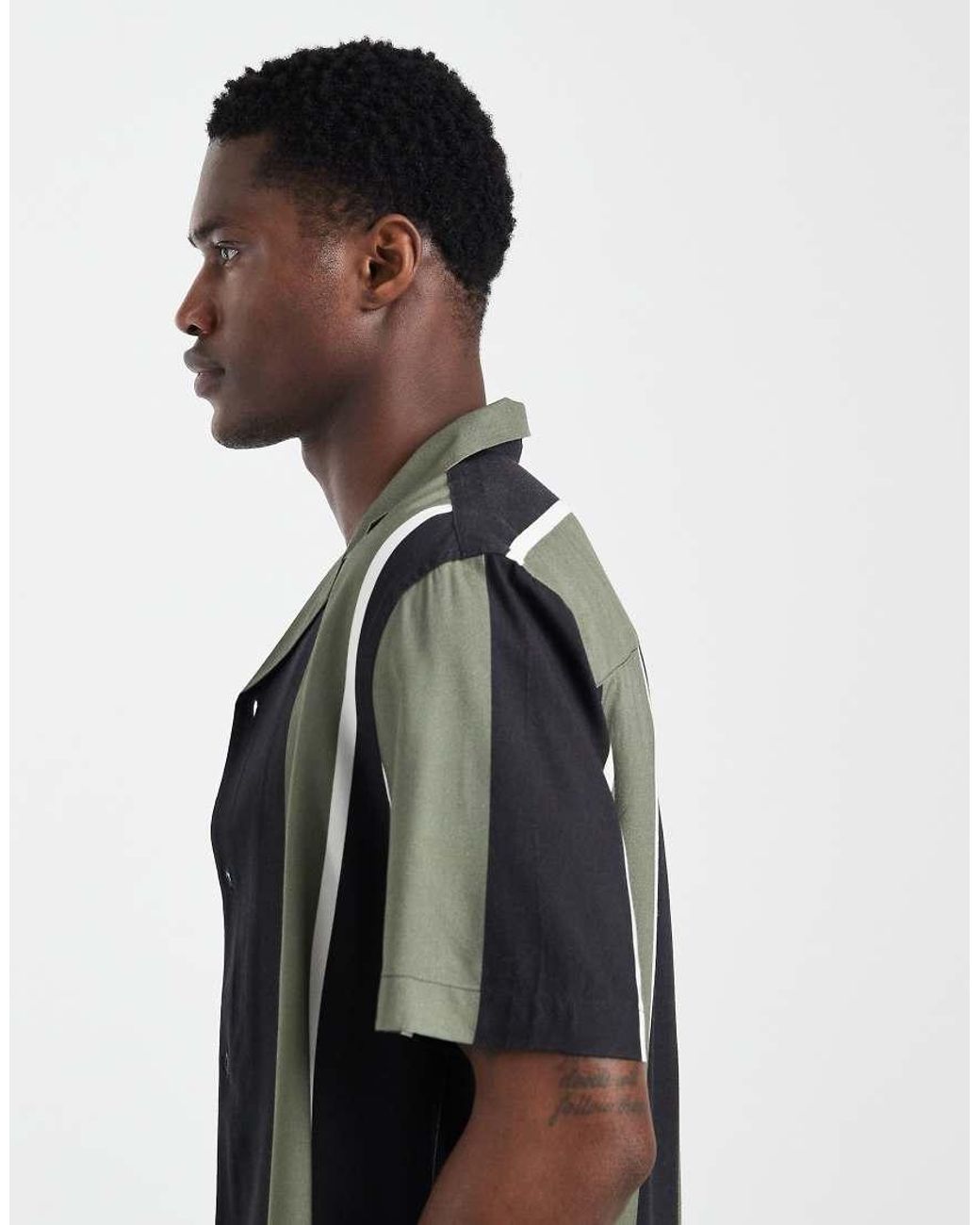 Camicia Vestibilità Classica Nera E Kaki A Righe Con Rever di ASOS in Gray da Uomo