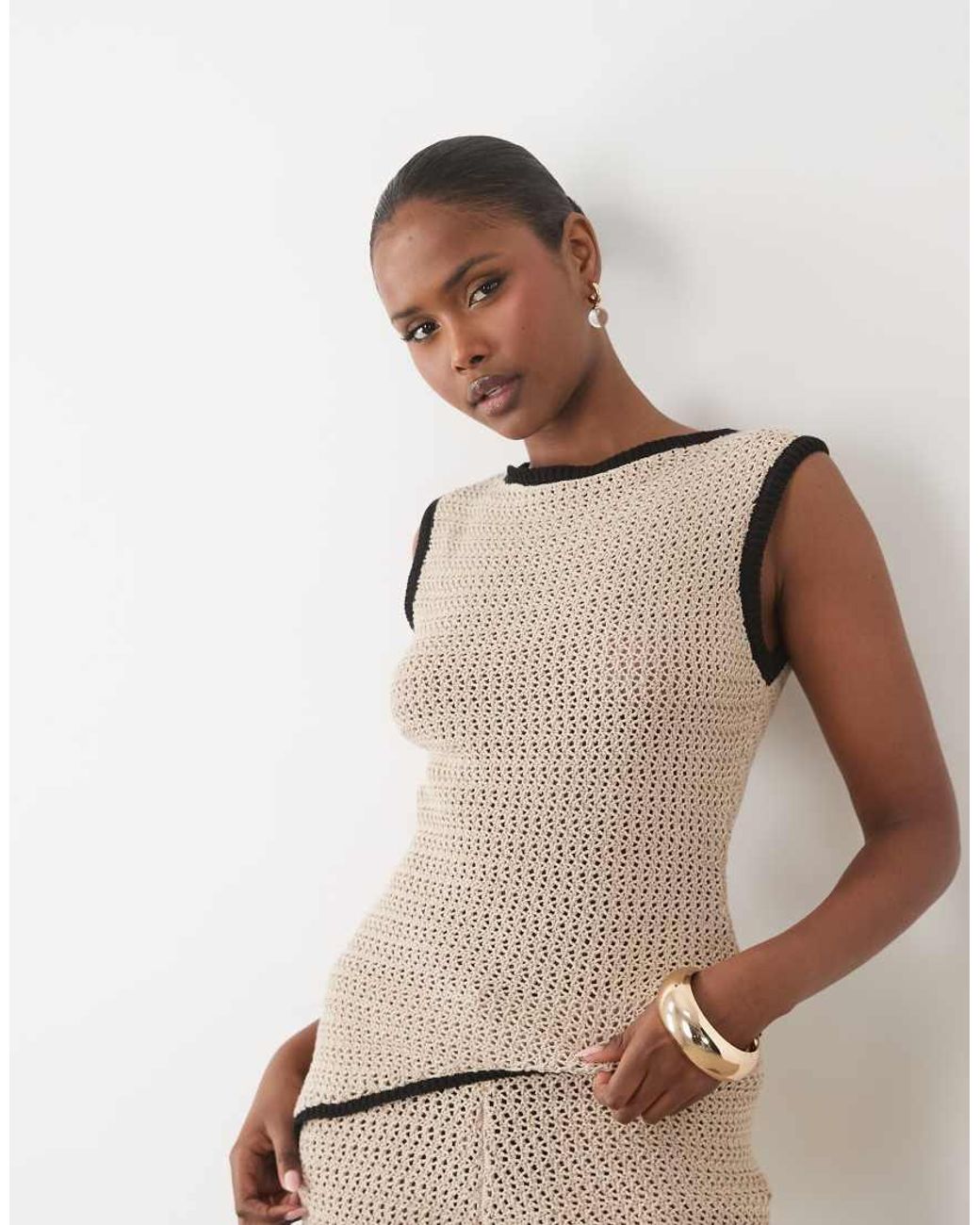 ASOS Natural Knitted Cinched Crochet Asymmetric Top Co Ord
