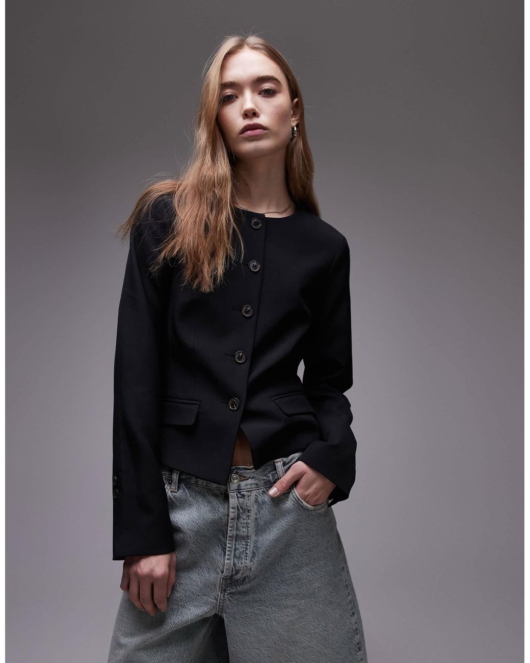TOPSHOP Gray Round Neck Collarless Blazer