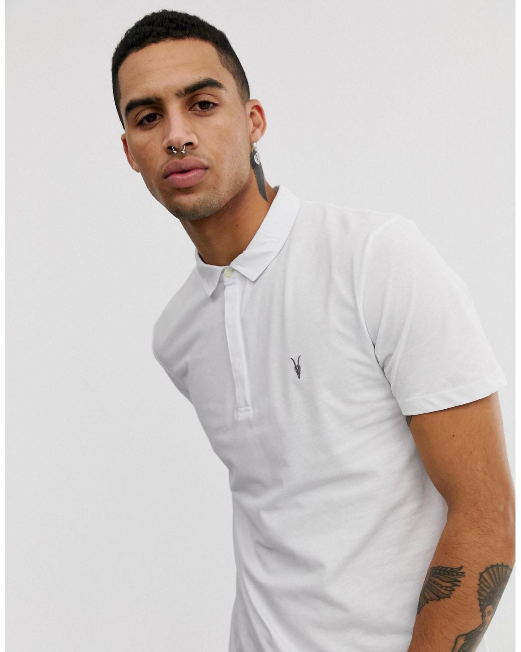 AllSaints Brace Ramskull Logo Polo Shirt in White for Men | Lyst