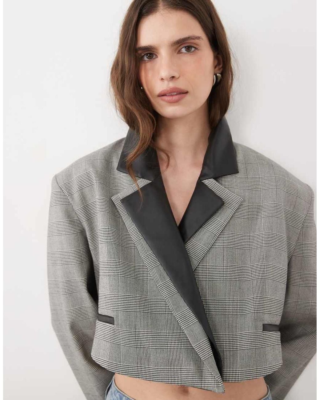 ASOS Blue Boxy Blazer With Faux Leather Double Collar Detail