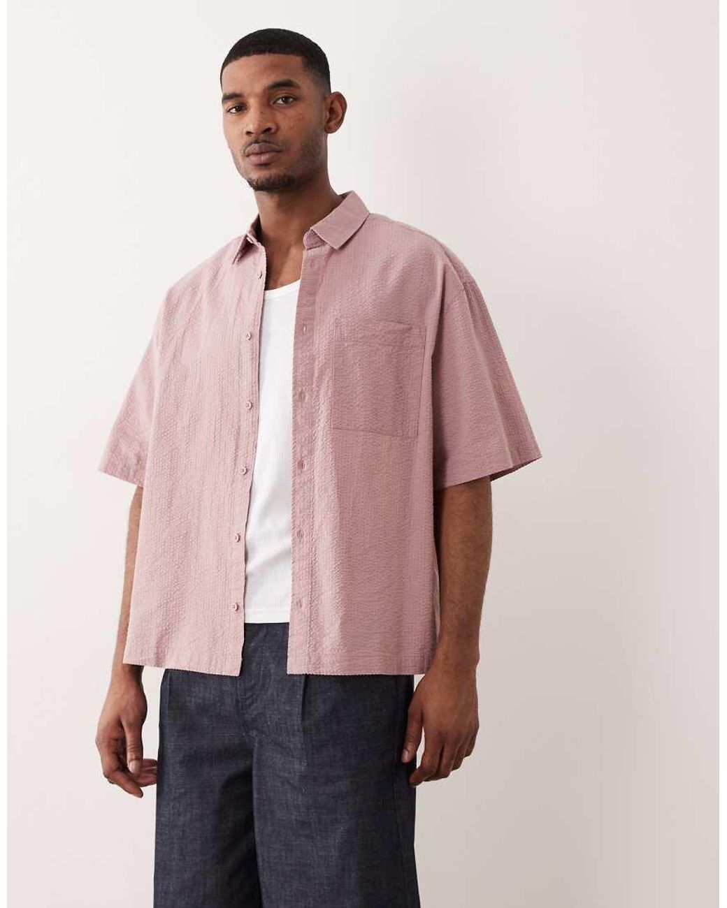 ASOS Pink Oversized Seersucker Shirt for men