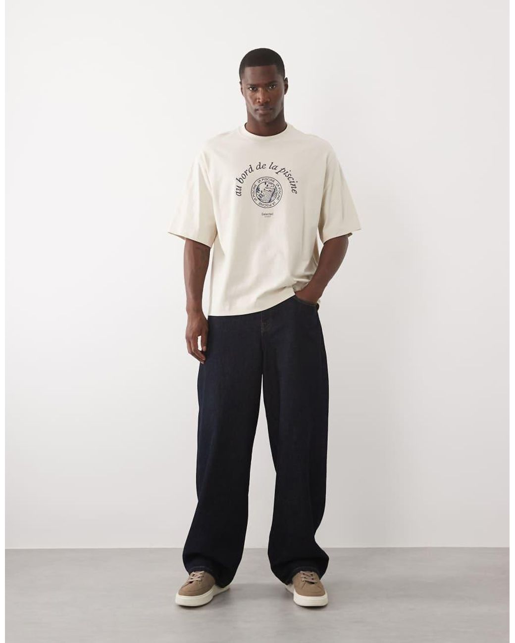 SELECTED Natural Heavyweight T-shirt With Front Print for men