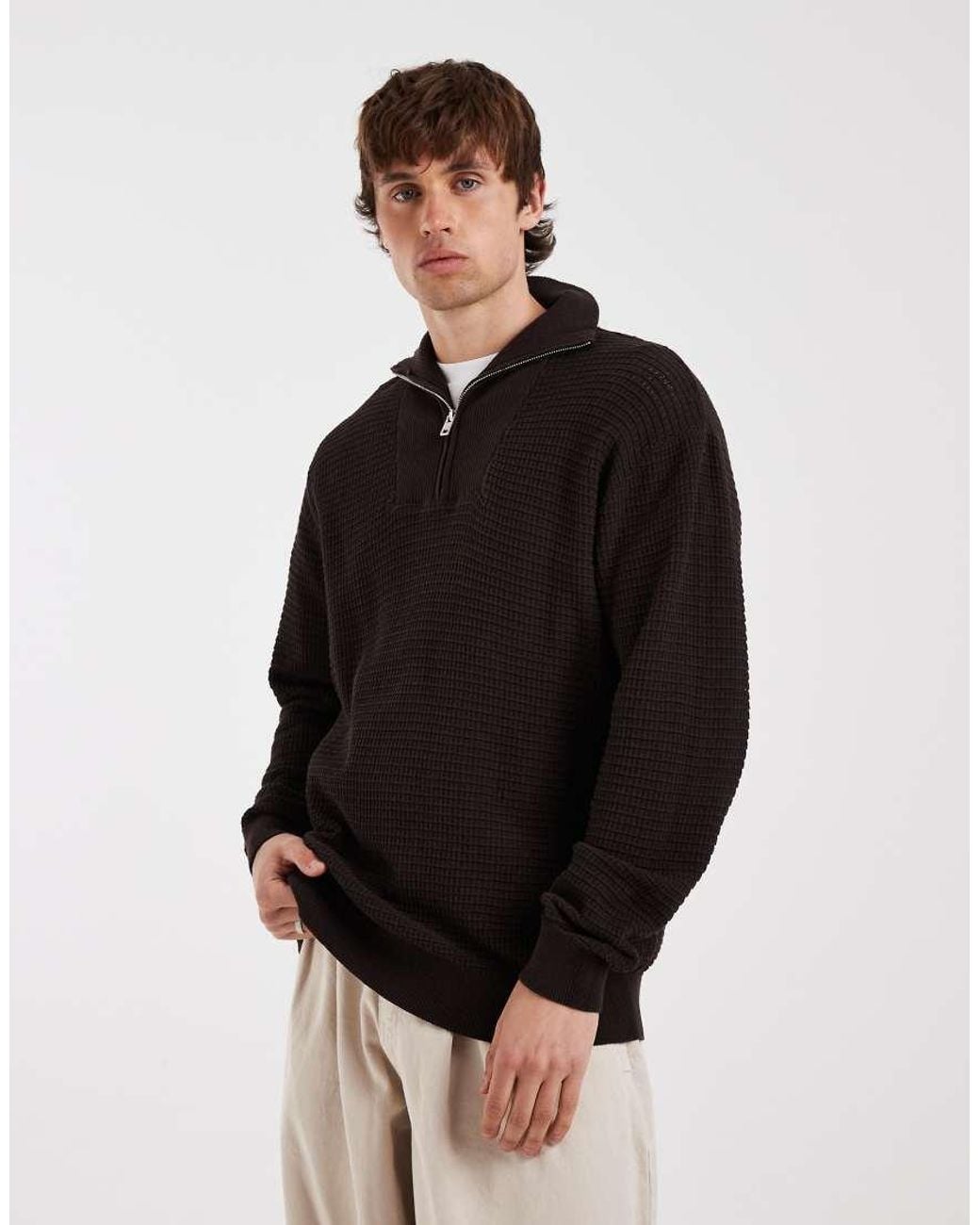Redefined Rebel Black Knitted Quarter Zip Sweatshirt for men