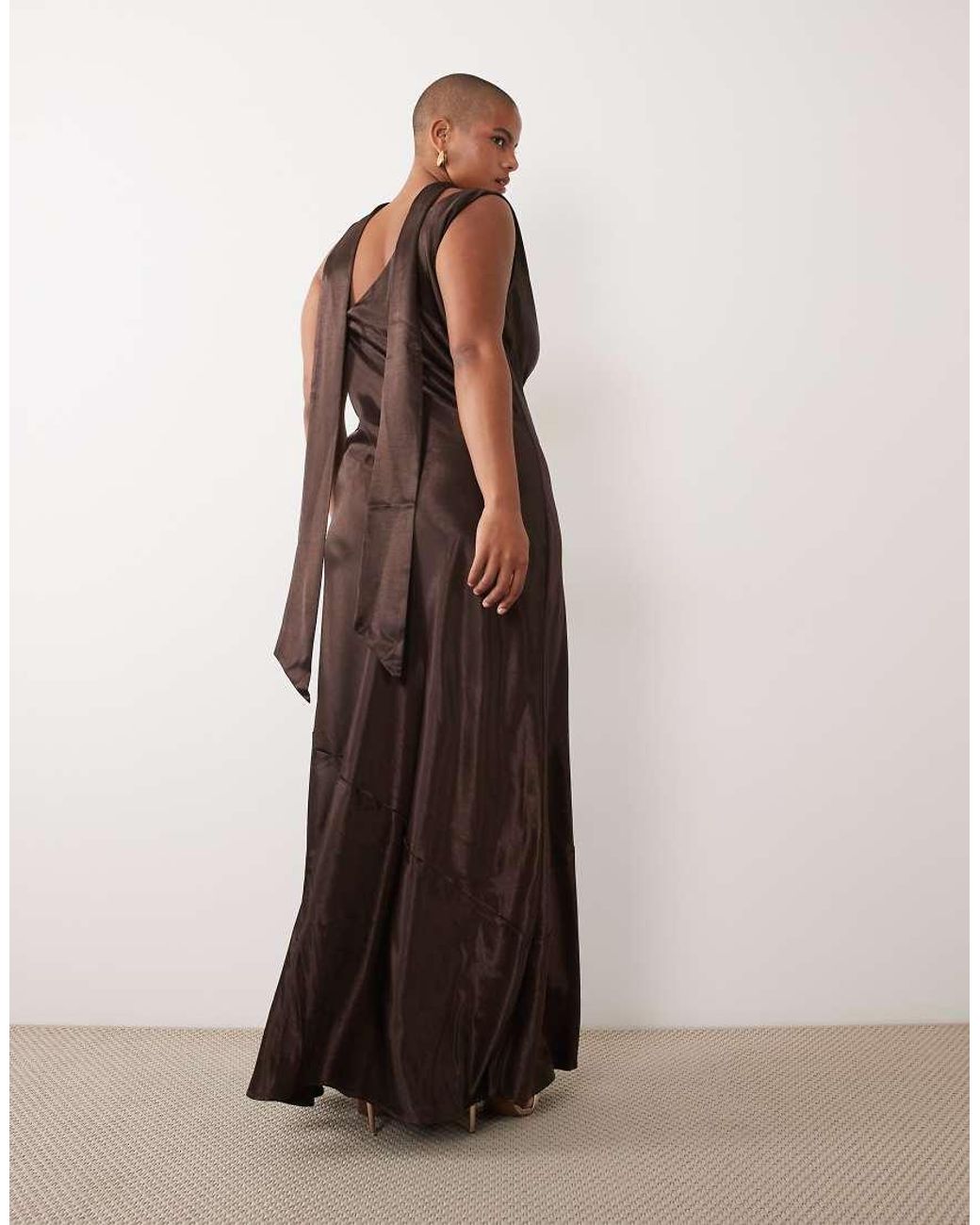 Tfnc Plus Brown One Shoulder Satin Cowl Detail Maxi Dress