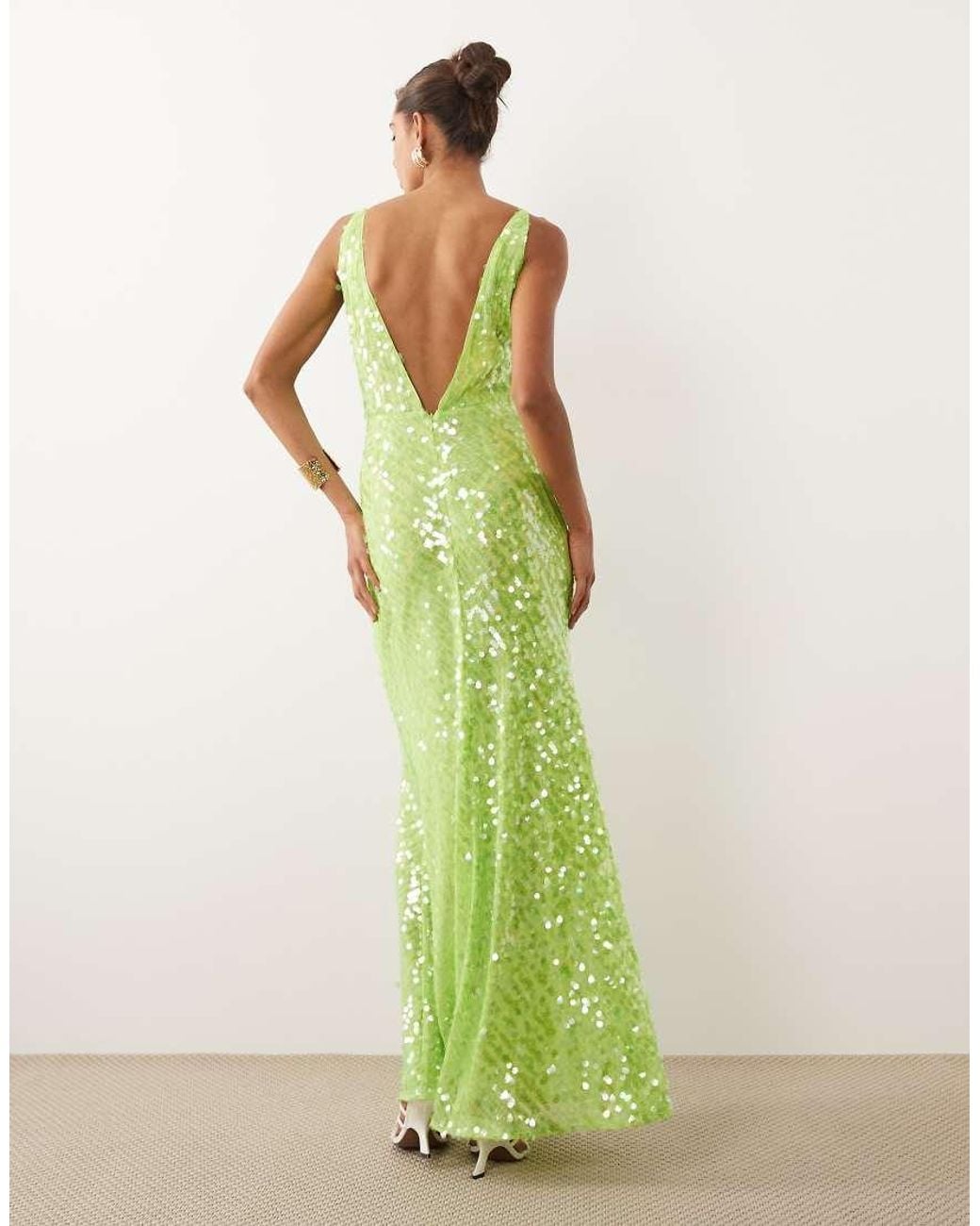 ASOS Green Iridescent Sequin Deep Plunge Fishtail Maxi Dress