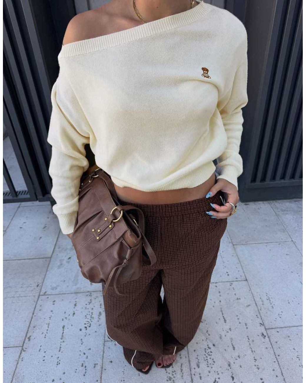 Bershka Gray Embroidered Boat Neck Jumper