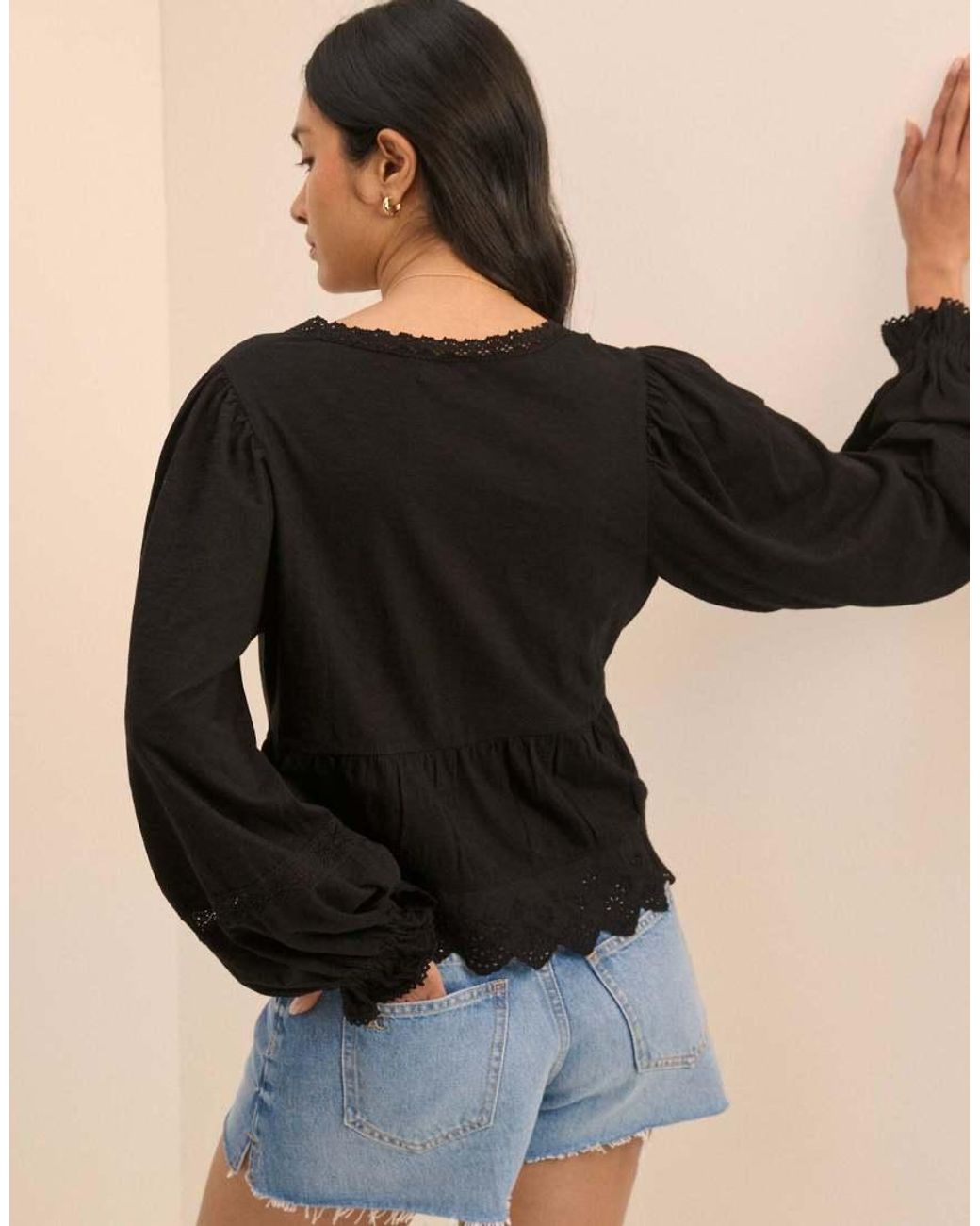 Nobody's Child Black Embroidered Cotton Tie Front Blouse