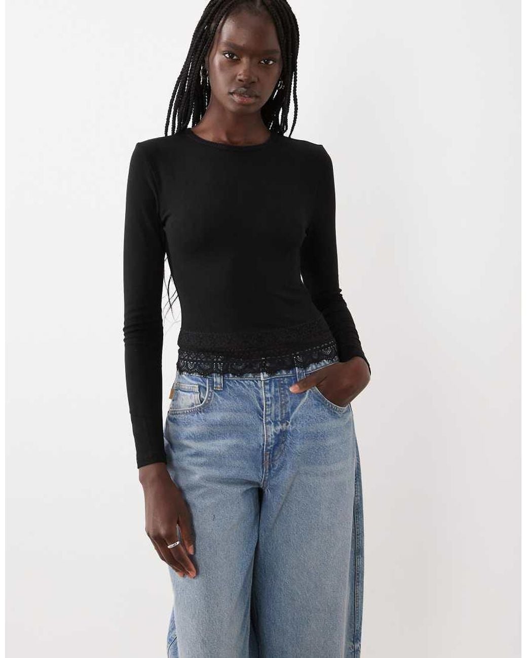 Miss Selfridge Blue Lace Trim Crew Neck Top