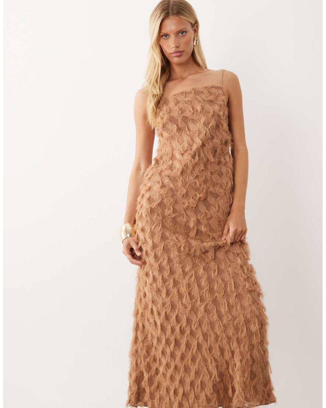 ASOS Natural Textured Fringe Backless Maxi Dress