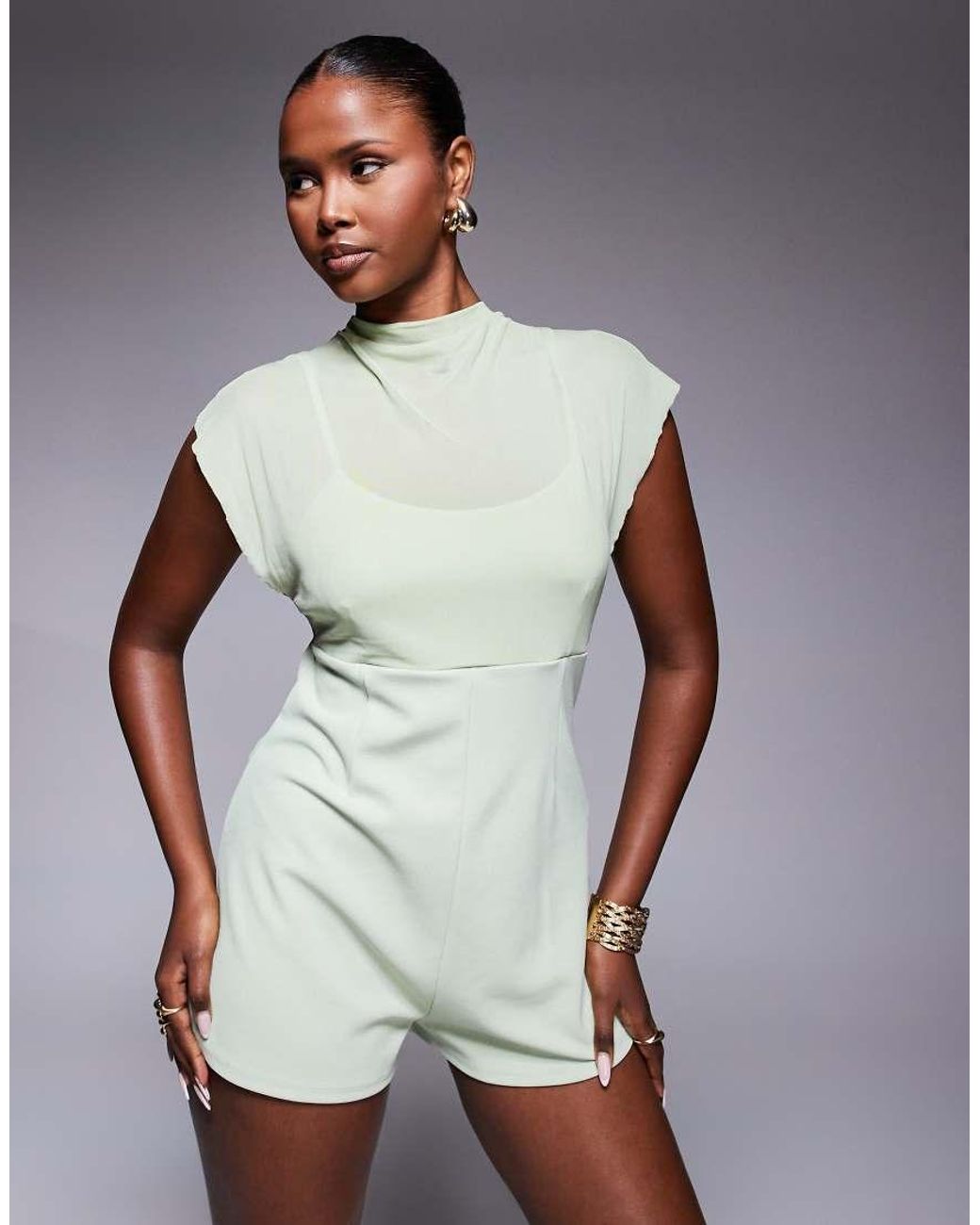 ASOS Green Oversized Puff Sleeve Sheer Overlay Playsuit In