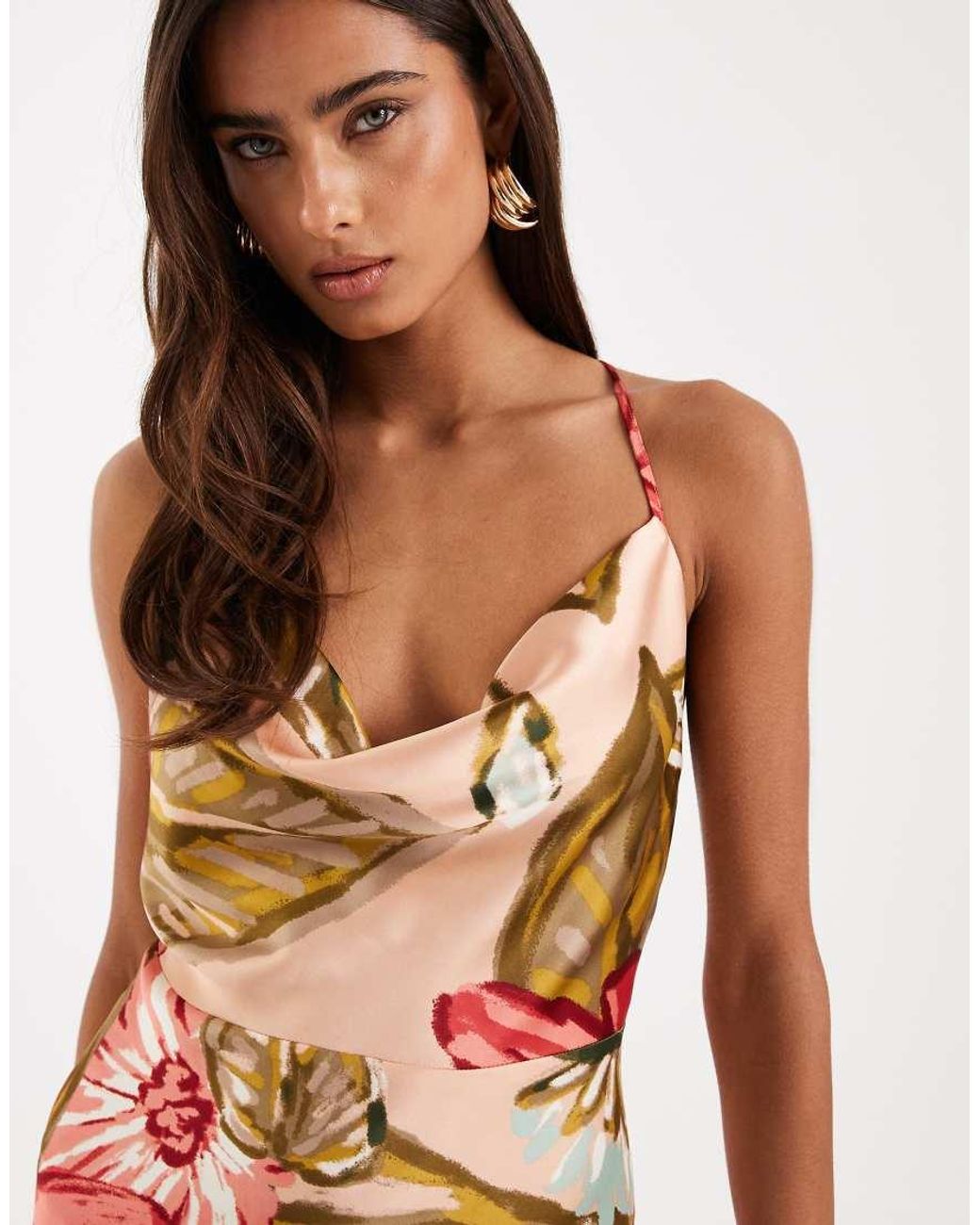 New Look White Satin Cowl Neck Floral Midi Dress