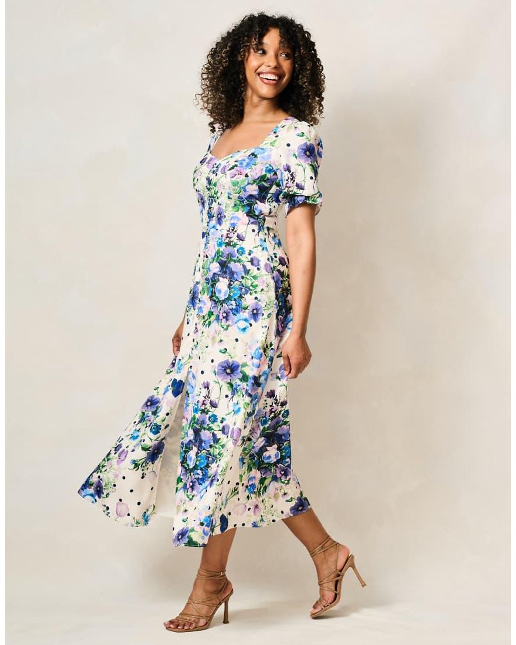 Hope & Ivy Blue The Nadalia Puff Sleeve Sweetheart Neckline Midi Dress