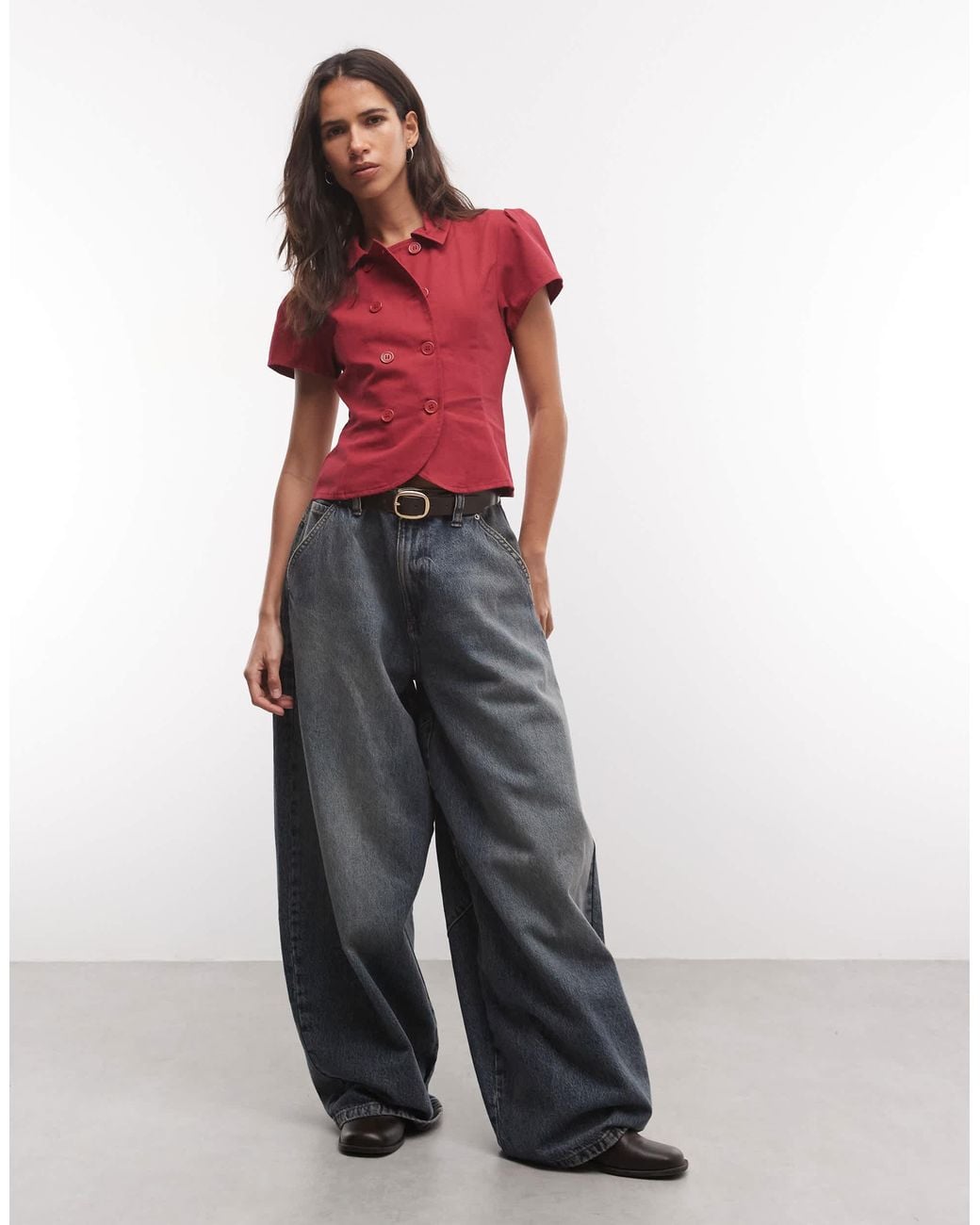 Collusion Heavy Twill Fitted Cap Sleeve Shirt in Red | Lyst